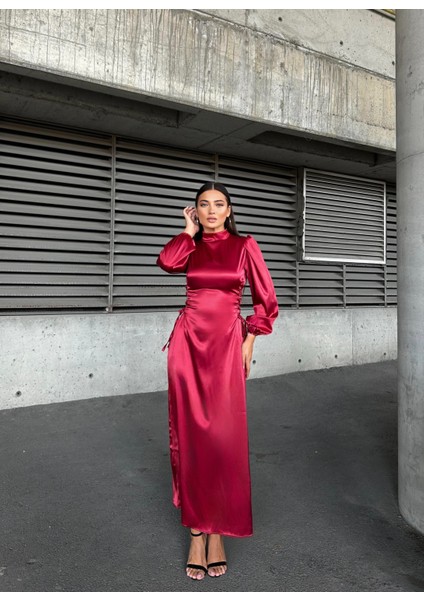 Yandan Ip Bağlamalı Saten Abiye Kırmızı 583272