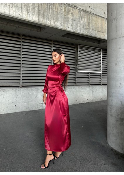 Yandan Ip Bağlamalı Saten Abiye Kırmızı 583272 modelleri