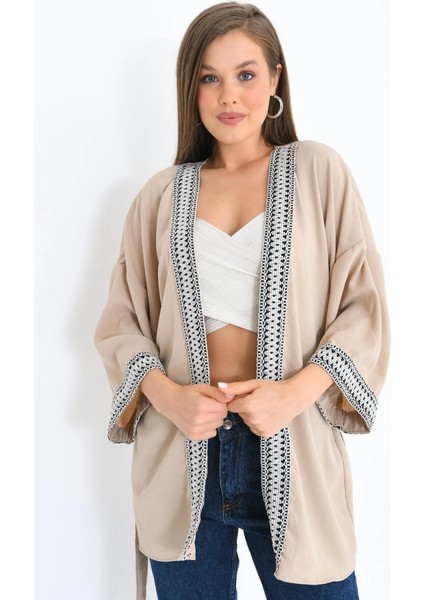 Kadın Kimono Yaka Desenli Kimono Kadın Ceket Bej - 23126