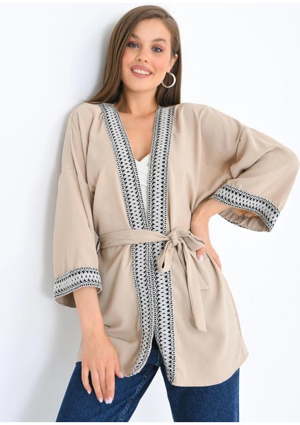Kadın Kimono Yaka Desenli Kimono Kadın Ceket Bej - 23126 fiyatları