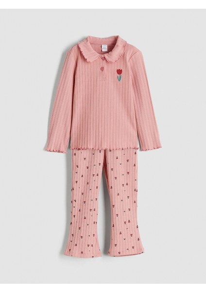 Lcw Kids Pembe Polo Yaka Çiçekli Kız Çocuk Tişört ve Tayt