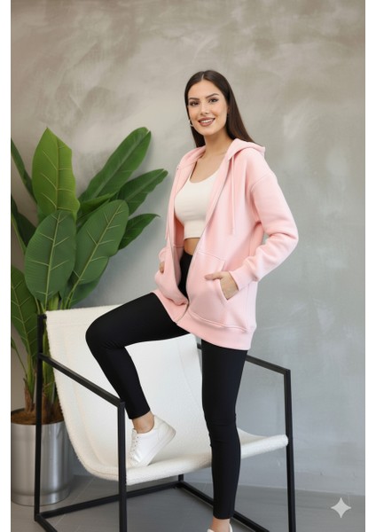 Kadın Genç Unisex Cepli Kapüşonlu Fermuarlı Sweatshirt Hırka