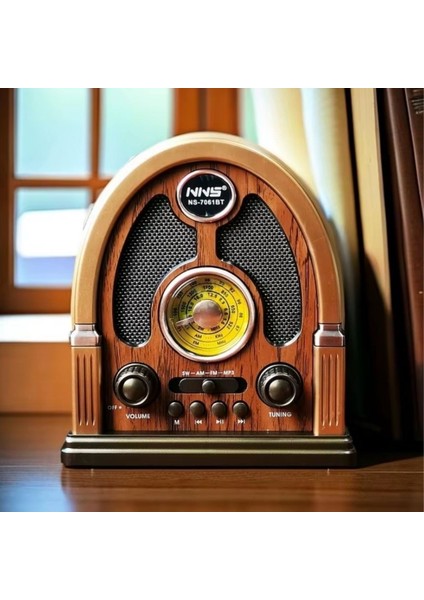 Orta Boy Kubbe Model Retro Ahşap Tasarım Bluetooth Hoparlörlü Radyo – Fm/am Destekli, Şarjlı ve Taşınabilir Radyo NS-7061 (5250)