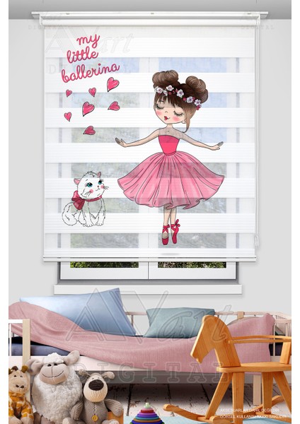 Balerin ve Kedicik Baskılı Çocuk Odası Perdesi - Dijital Baskılı Zebra Stor Perde