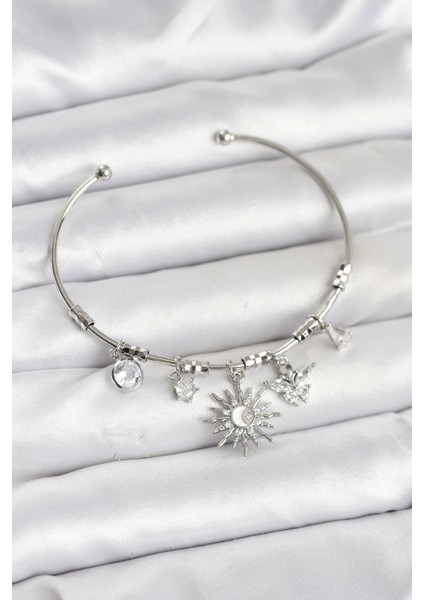 Güneş Charmlı Gümüş Renk Pirinç Kadın Bileklik