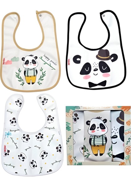 Panda Temalı Microfiber %100 Pamuk Sıvı Geçirmez 3 'lü Mama Önlüğü