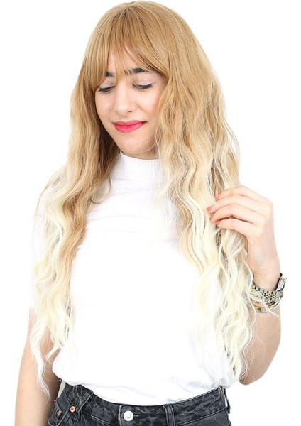 Perçemli Uzun Su Dalgası Fiber Sentetik Peruk / Balköpüğü / Platin Uzun Ombreli