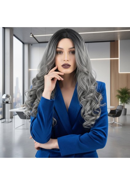 Dalgalı Perçemsiz Uzun Fiber Sentetik Peruk / Siyah / Gri Ombreli