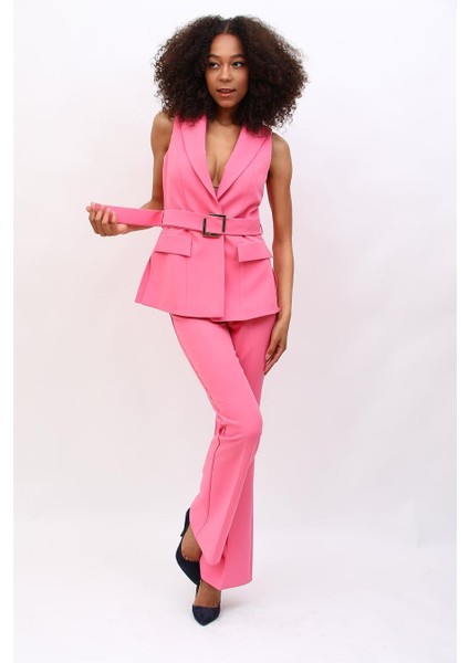 Kemerli Klasik Yelek & Ispanyol Paça Pantolon Takım-Pembe