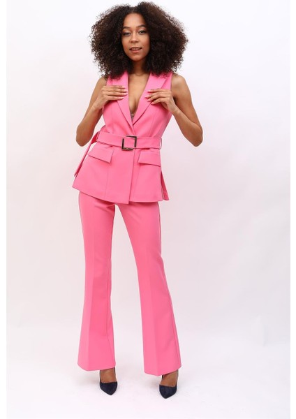 Kemerli Klasik Yelek & Ispanyol Paça Pantolon Takım-Pembe fiyatları