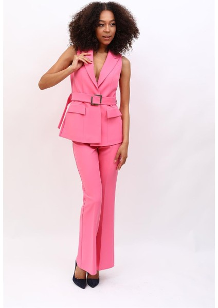 Kemerli Klasik Yelek & Ispanyol Paça Pantolon Takım-Pembe modelleri