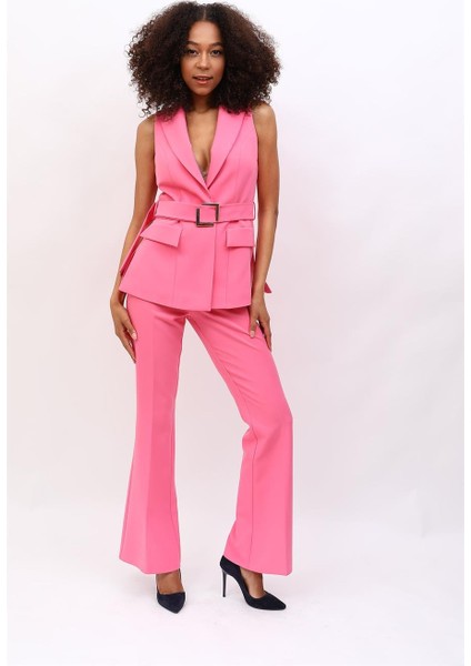Kemerli Klasik Yelek & Ispanyol Paça Pantolon Takım-Pembe fırsatları