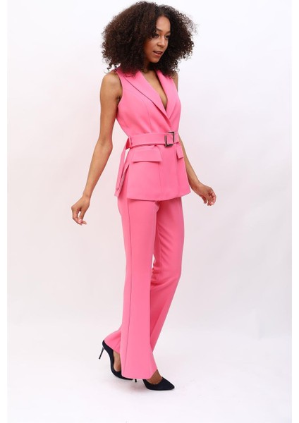 Kemerli Klasik Yelek & Ispanyol Paça Pantolon Takım-Pembe indirimleri