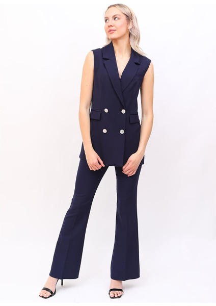 Blazer Yelek & Ispanyol Paça Pantolon-Lacivert