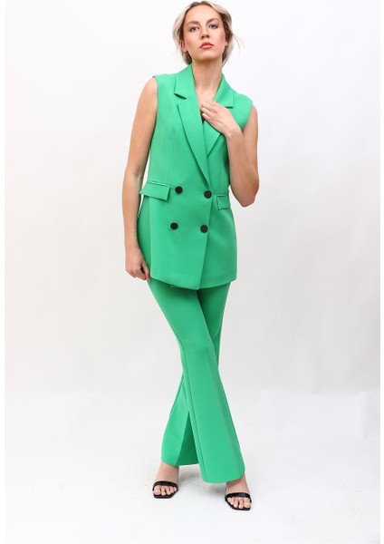 Blazer Yelek & Ispanyol Paça Pantolon-Yeşil fırsatları