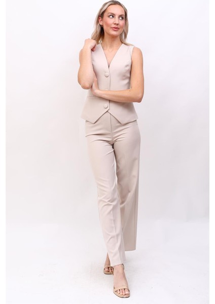 Klasik Yelek & Bol Paça Pantolon Takım-Bej