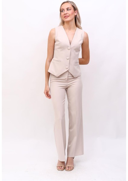 Klasik Yelek & Bol Paça Pantolon Takım-Bej fiyatları