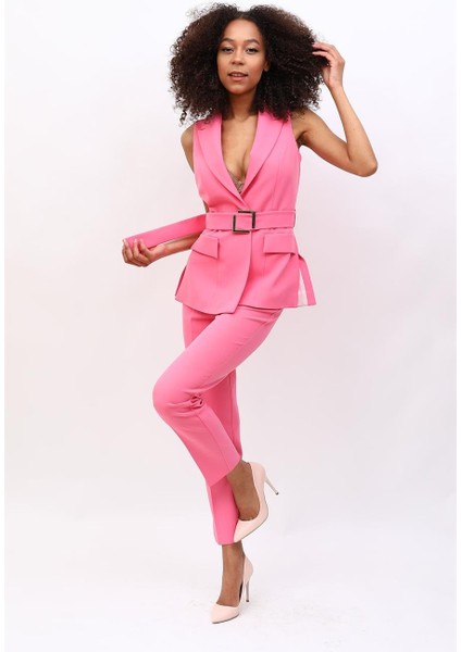 Kemerli Klasik Yelek & Boru Paça Pantolon Takım-Pembe