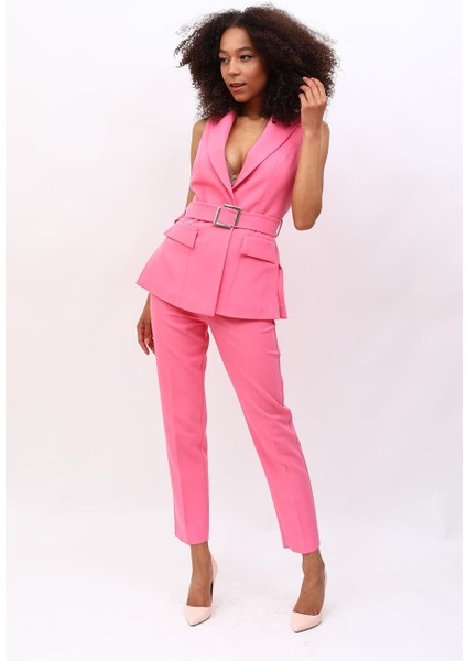 Kemerli Klasik Yelek & Boru Paça Pantolon Takım-Pembe fırsatları