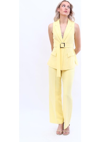 Kemerli Klasik Yelek & Bol Paça Pantolon Takım-Sarı