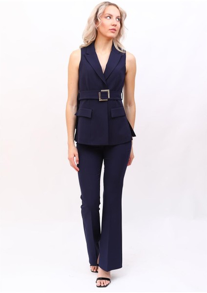 Kemerli Klasik Yelek & Ispanyol Paça Pantolon Takım-Lacivert