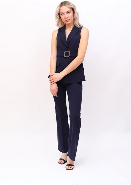 Kemerli Klasik Yelek & Ispanyol Paça Pantolon Takım-Lacivert fırsatları
