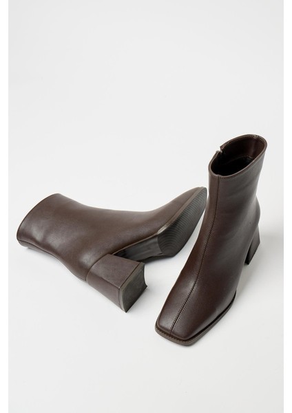 Kadın Kahverengi Cilt Bot & Bootie Küt Burun Topuklu Fermuarlı Şık