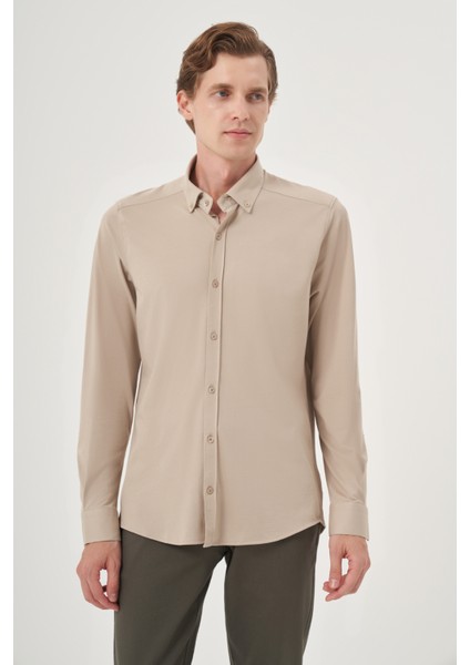 Erkek Bej Örme Slim Fit Düğmeli Yaka Gömlek
