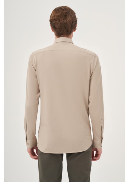 Erkek Bej Örme Slim Fit Düğmeli Yaka Gömlek fırsatları