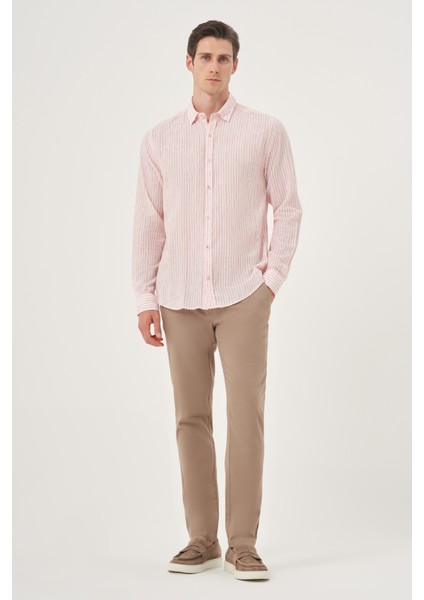 Erkek Kırmızı Keten Trend Dynamic Fit Britli Yaka Gömlek modelleri
