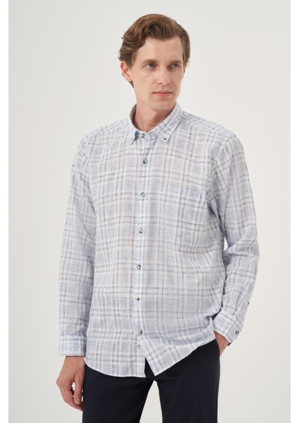 Erkek Lacivert Keten Trend Regular Fit Dğmeli Yaka Gömlek
