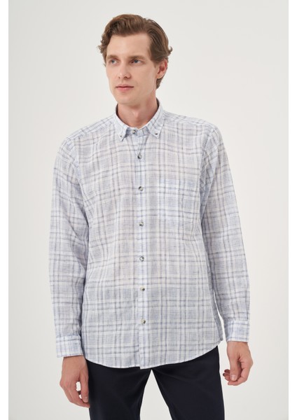 Erkek Lacivert Keten Trend Regular Fit Dğmeli Yaka Gömlek modelleri