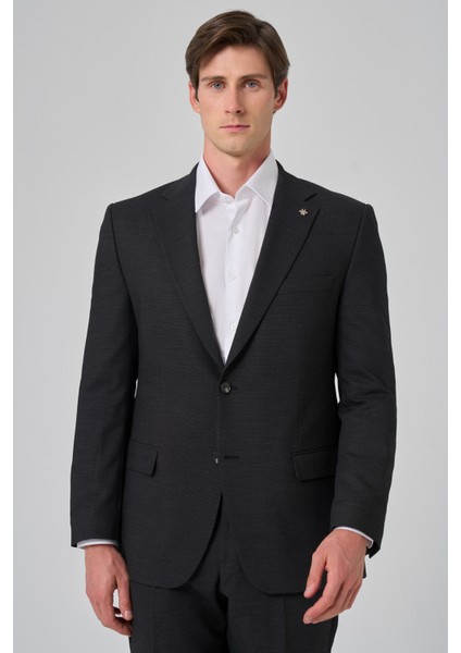 Erkek Siyah Yünlü Trend Desenli Dynamic Fit Mono Yaka Takım Elbise