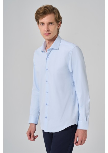 Erkek A. Mavi Basic Düz Desen Italyan Yaka Slim Fit Gömlek