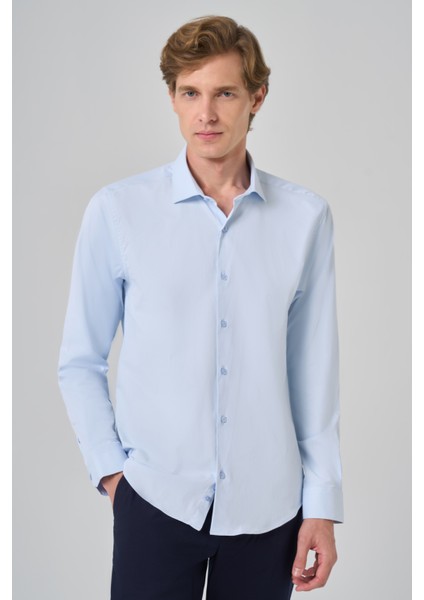 Erkek A. Mavi Basic Düz Desen Italyan Yaka Slim Fit Gömlek modelleri