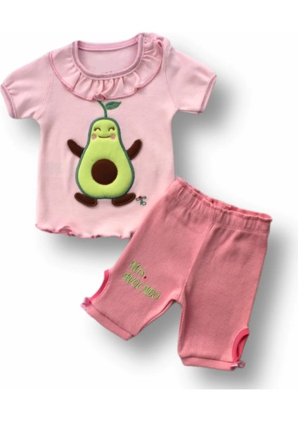 3-6 6-9 9-12 12-18 Ay Avokado Nakışlı Kısa Kollu Sweatli Şortlu 2li Kız-Erkek Bebek Takımı Pembe