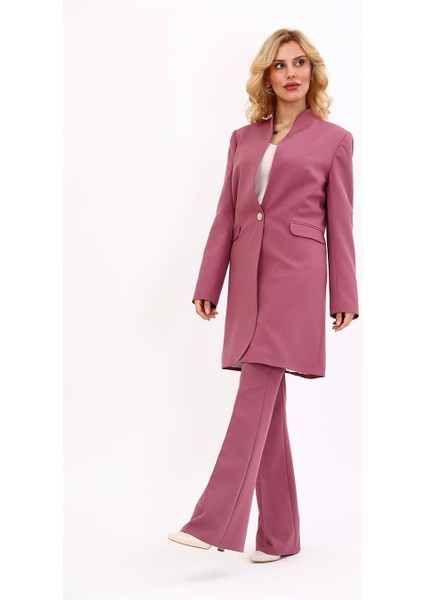 Kendinden Dik Yakalı Tek Düğmeli Uzun Ceket & Ispanyol Paça Pantolon-Rose