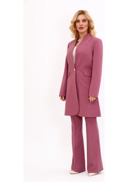 Kendinden Dik Yakalı Tek Düğmeli Uzun Ceket & Ispanyol Paça Pantolon-Rose fiyatları