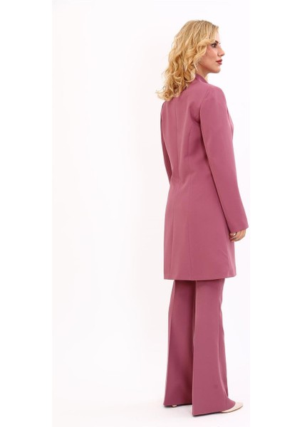 Kendinden Dik Yakalı Tek Düğmeli Uzun Ceket & Ispanyol Paça Pantolon-Rose modelleri