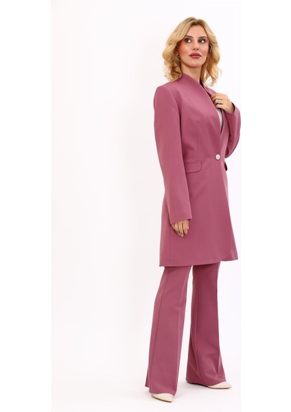 Kendinden Dik Yakalı Tek Düğmeli Uzun Ceket & Ispanyol Paça Pantolon-Rose fırsatları