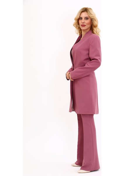 Kendinden Dik Yakalı Tek Düğmeli Uzun Ceket & Ispanyol Paça Pantolon-Rose indirimleri