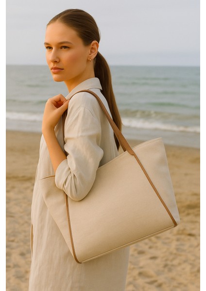 Kadın Omuz Çantası – Keten Kumaş Deri Detaylı Lüks Çanta