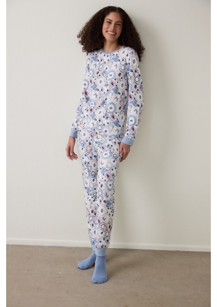 Açık Mavi Tea Party Içecek Desenli Bisiklet Yaka Pijama Takımı