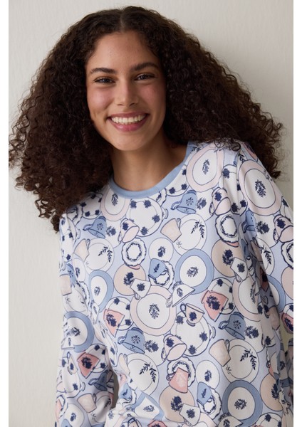 Açık Mavi Tea Party Içecek Desenli Bisiklet Yaka Pijama Takımı fiyatları