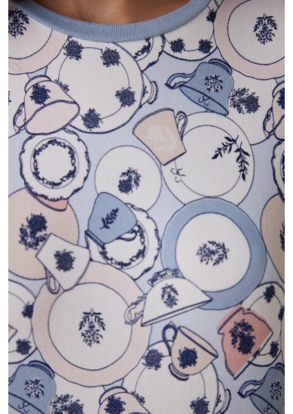 Açık Mavi Tea Party Içecek Desenli Bisiklet Yaka Pijama Takımı modelleri