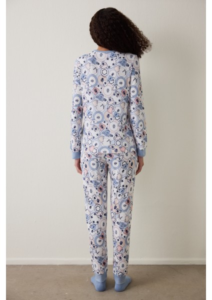 Açık Mavi Tea Party Içecek Desenli Bisiklet Yaka Pijama Takımı fırsatları