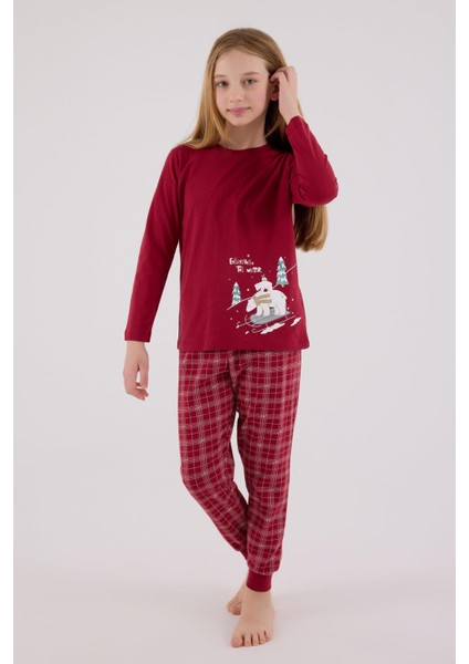 Garson Kız Çocuk Aile %100 Pamuklu 4 Mevsim Ekoseli Uzun Kollu Pijama Takım