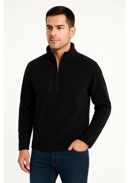 Erkek Polar Kazak – Dik Yaka, Yarım Fermuarlı, Fermuarlı Göğüs Cepli, Siyah Biyeli, Kışlık Rahat Regular Fit Günlük Model - Siyah fırsatları