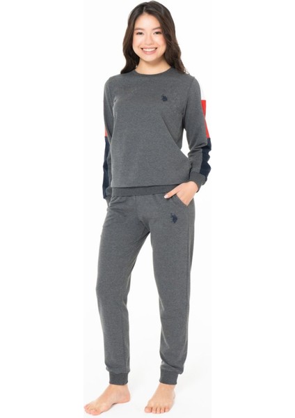 20115 Kadın Antrasıt Melanj Yuvarlak Yaka Uzun Kollu Pijama Takımı