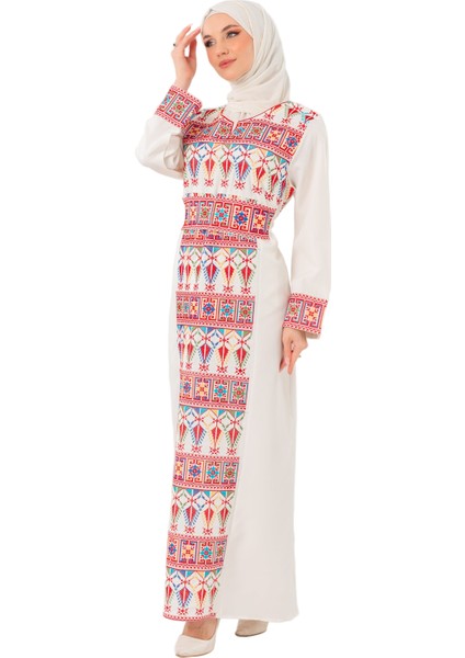 Kadın Elbise – Canlı Renklerle İşlemeli Beyaz Filistin Nakışlı Kadın Elbise" fiyatları